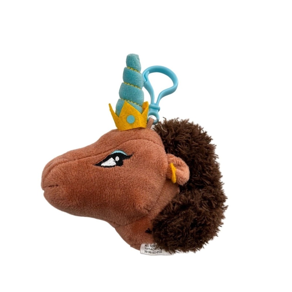 Afro Unicorn Plush Clip-On Keychain Blue Horn & Yellow Crown Backpack Horse‎ 5"